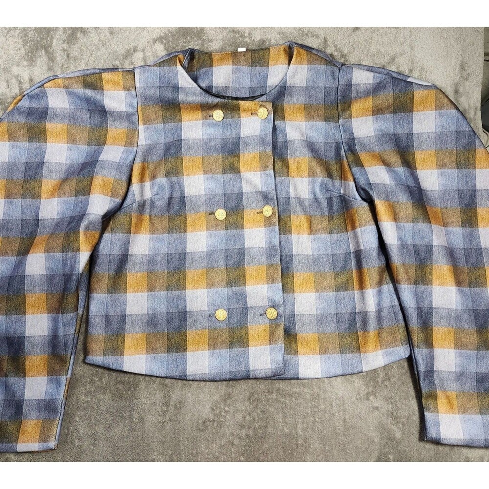 Victorian Blue Plaid Puff Sleeve Jacket Gold Button Double Breasted Cosplay L